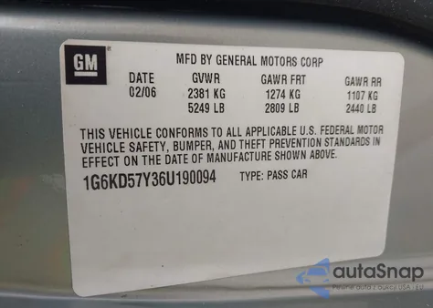 2006 Cadillac Dts Standard z USA, uszkodzony, nr VIN 1G6KD57Y36U190094